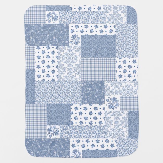 Nostalgic Indigo Faux Patchwork Baby Burp Cloth Swaddle Blanket (Front)