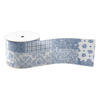 Nostalgic Indigo Faux Patchwork Grosgrain Ribbon