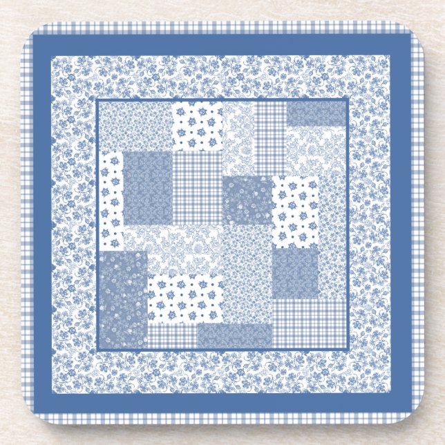 Nostalgic Indigo Faux Patchwork Set of Coasters (Front)