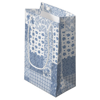 Nostalgic Indigo Faux Patchwork Small Gift Bag