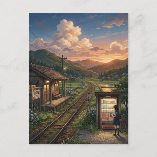 Nostalgic Japanese Summer Railway Station - Anime Postcard