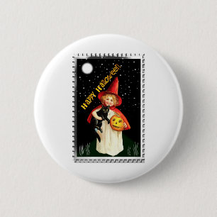 Nostalgic Little Girl, Jack-o’-lantern and Cat Button