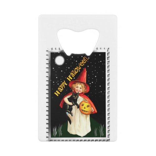 Nostalgic Little Girl Jack_o_lantern and Cat Credit Card Bottle Opener