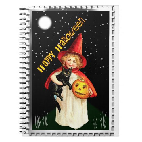 Nostalgic Little Girl Jack_o_lantern and Cat Notebook