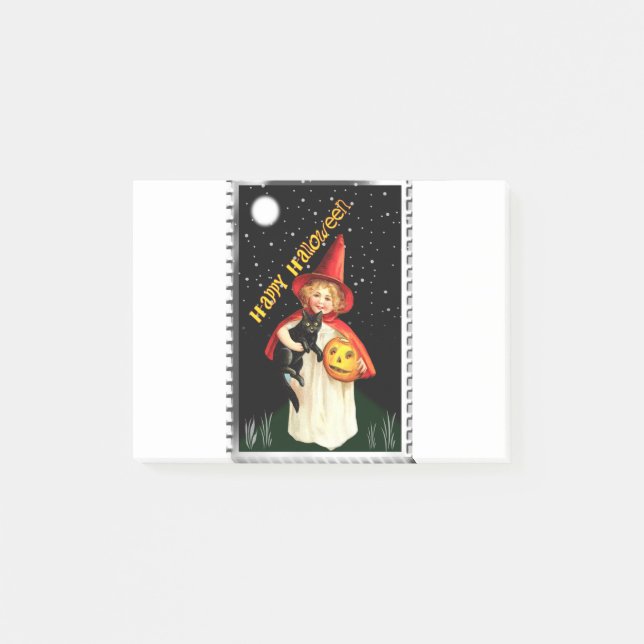 Nostalgic Little Girl, Jack-o’-lantern and Cat Post-it Notes (Front)
