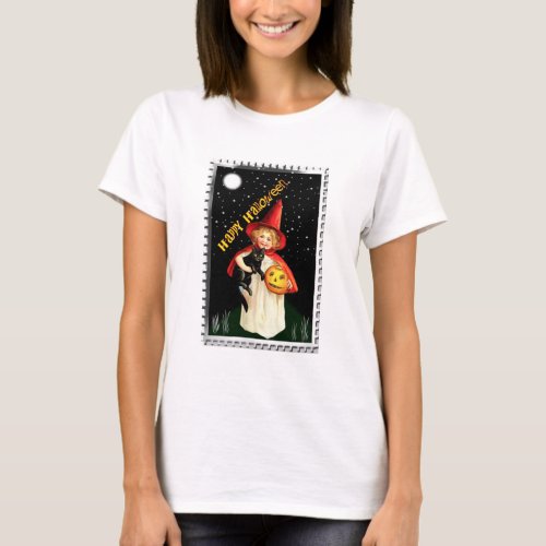 Nostalgic Little Girl Jack_o_lantern and Cat T_Shirt