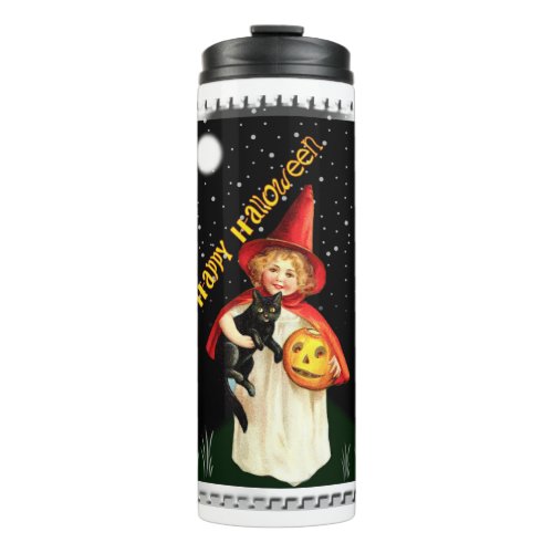 Nostalgic Little Girl Jack_o_lantern and Cat Thermal Tumbler