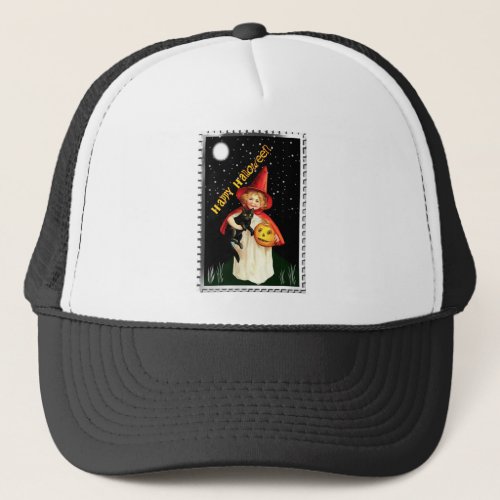 Nostalgic Little Girl Jack_o_lantern and Cat Trucker Hat