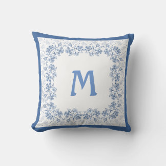Nostalgic Monogram Indigo Floral Border Throw Pillow
