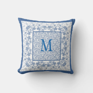 Nostalgic Monogram Indigo Floral Border Throw Pillow