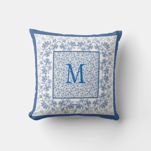 Nostalgic Monogram Indigo Floral Border Throw Pillow