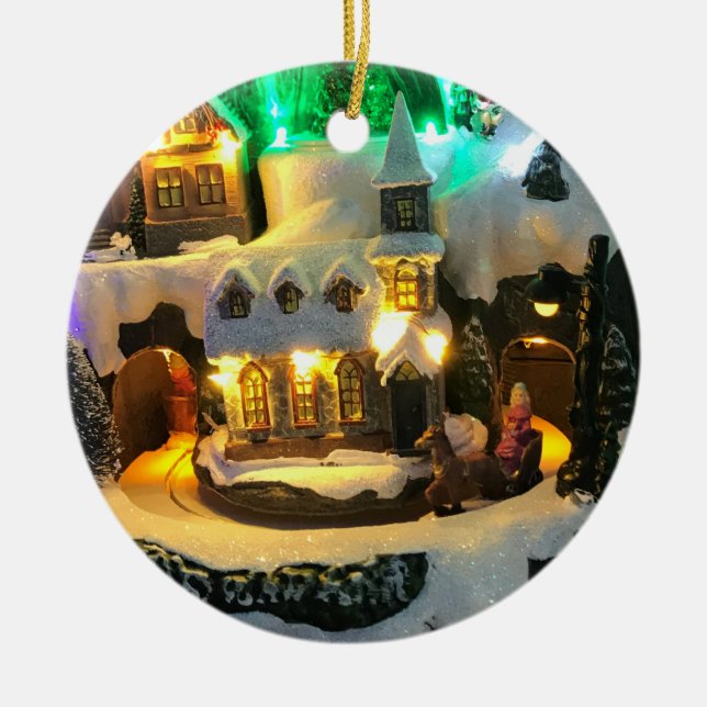 Nostalgic mountain village against Snow Scene Ceramic Ornament (Front)