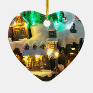 Nostalgic mountain village against Snow Scene Ceramic Ornament