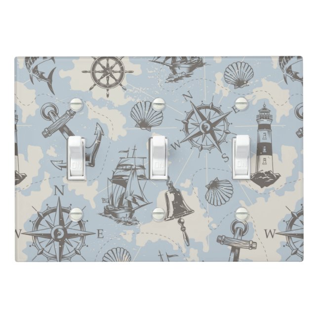 Nostalgic nautical themed blue pattern light switch cover (In Situ)