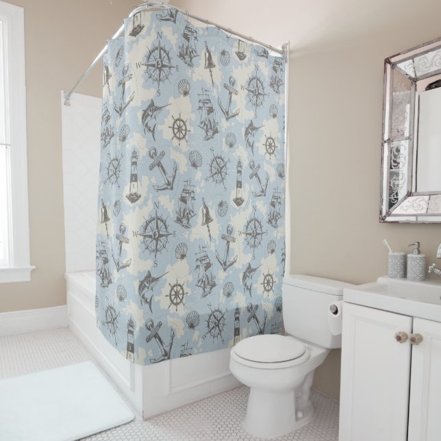 Nostalgic nautical themed blue pattern shower curtain (In Situ)