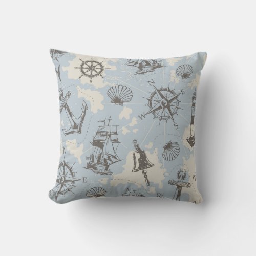 Nostalgic nautical themed blue pattern throw pillow