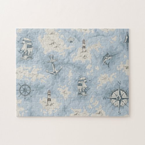 Nostalgic nautical themed blue white map jigsaw puzzle