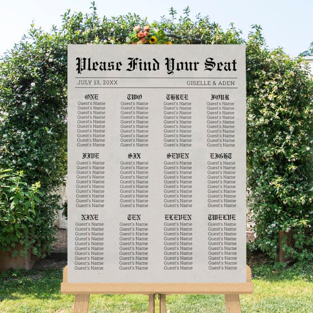 Nostalgic Newspaper Wedding Seating Chart Foam Board (Nostalgic Newspaper Wedding Seating Chart)