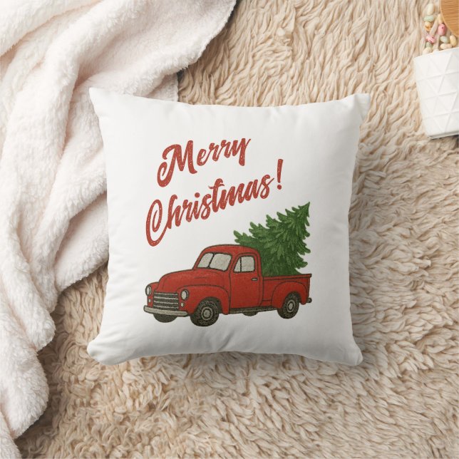 Nostalgic old red pickup truck with Christmas tree Throw Pillow (Blanket)