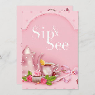 Nostalgic Pink Tea Party Sip and See Baby Shower Invitation