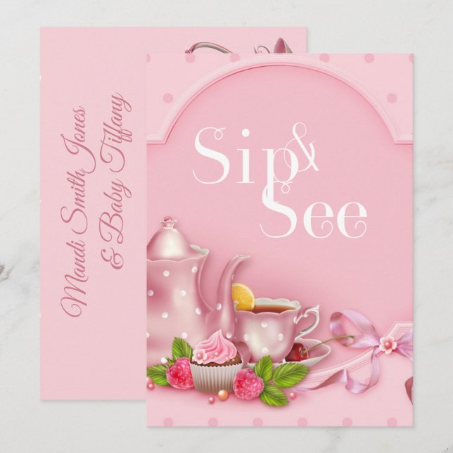 Nostalgic Pink Tea Party  Sip and See Baby Shower Invitation (Front/Back)