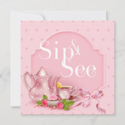 Nostalgic Pink Tea Time Sip and See Baby Shower Invitation