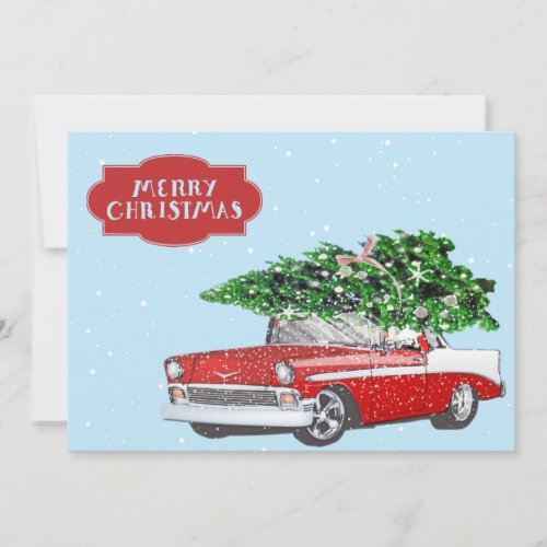 Nostalgic Red Car  Cut Tree Holiday Card