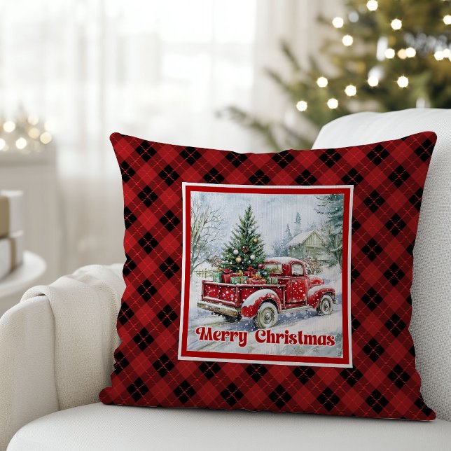 Nostalgic red truck holiday scene rustic Christmas Throw Pillow (Nostalgic red truck holiday scene rustic Christmas pillow

)