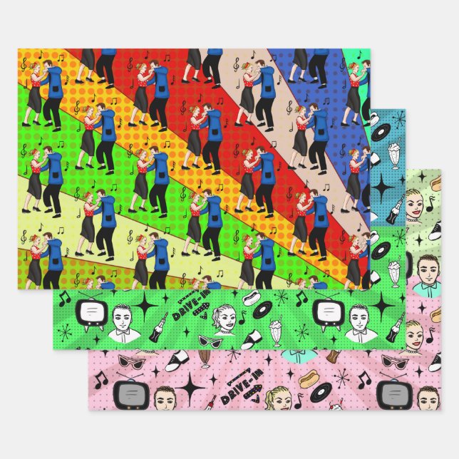 Nostalgic Retro 1950's Style   Wrapping Paper Sheets (Set)