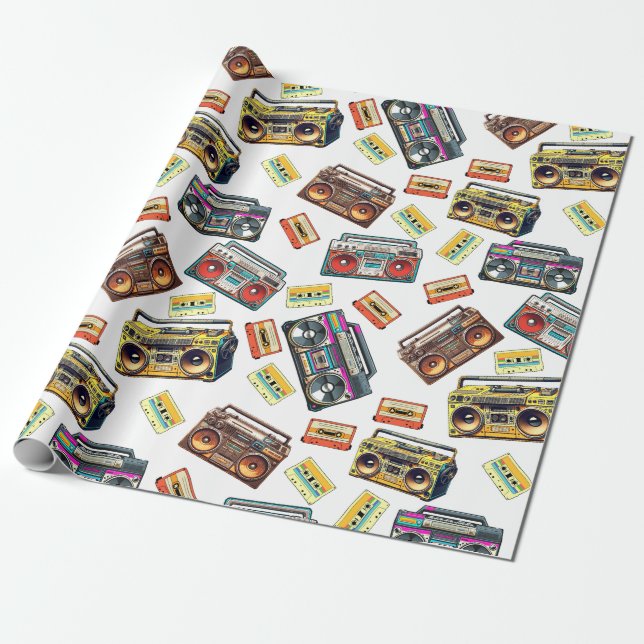 Nostalgic retro boomboxes and cassette tapes  wrapping paper (Unrolled)