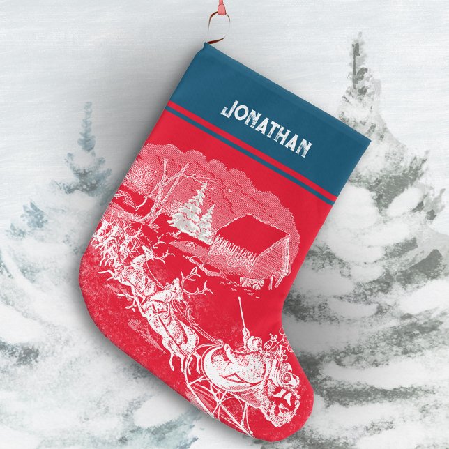 Nostalgic Sleigh Reindeer Large Christmas Stocking (Santa Claus is Coming Sleigh Reindeers Large Christmas Stocking ©Susanne Sachers - Sunny Mind Design)