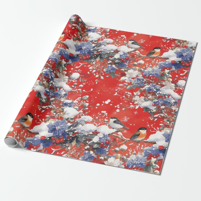 Nostalgic Snow and Birds Christmas Wrapping Paper (Unrolled)