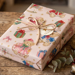 Nostalgic Teddy Bear Christmas Vintage Toy Train Wrapping Paper Sheets
