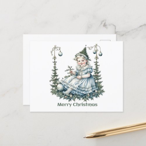 Nostalgic Victorian child  with Tree Hat  Holiday Postcard
