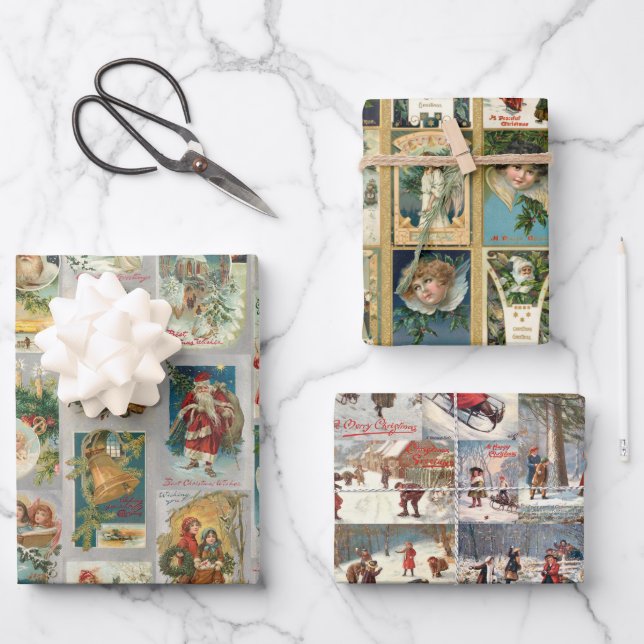 Nostalgic Vintage Christmas Card Collages Wrapping Paper Sheets (Front)