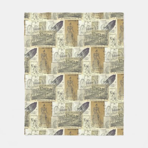 Nostalgic Vintage Cyclist and Bicycle Ads Collage Fleece Blanket