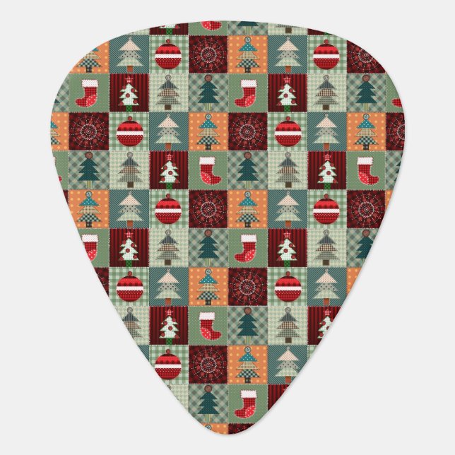 Nostalgic Vintage Holiday Patchwork Quilt Guitar Pick (Front)