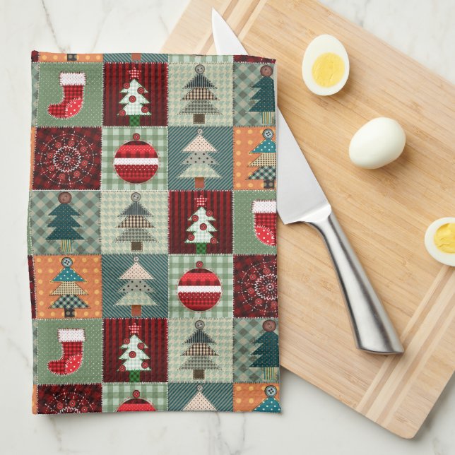 Nostalgic Vintage Holiday Patchwork Quilt Kitchen Towel (Quarter Fold)