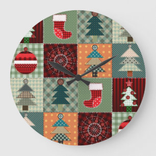 Nostalgic Vintage Holiday Patchwork Quilt Large Clock
