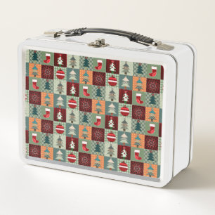Nostalgic Vintage Holiday Patchwork Quilt Metal Lunch Box