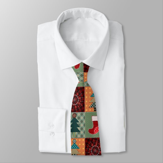 Nostalgic Vintage Holiday Patchwork Quilt Neck Tie (Tied)