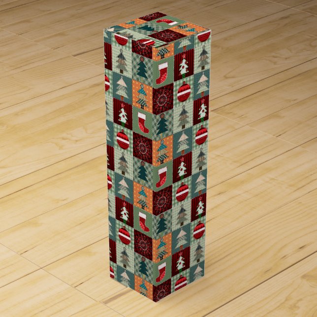 Nostalgic Vintage Holiday Patchwork Quilt Wine Box (Front)
