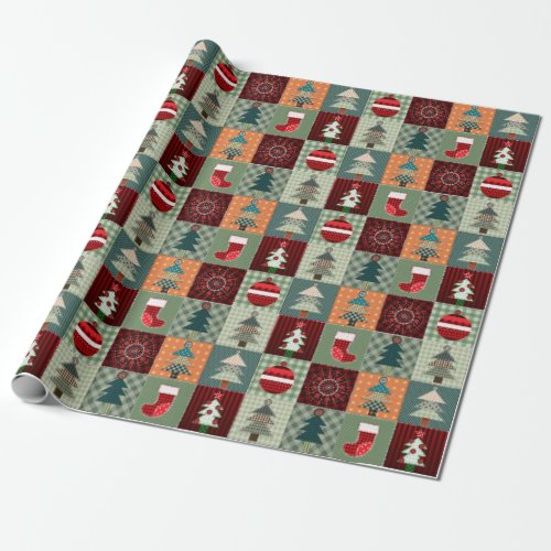 Nostalgic Vintage Holiday Patchwork Quilt Wrapping Paper