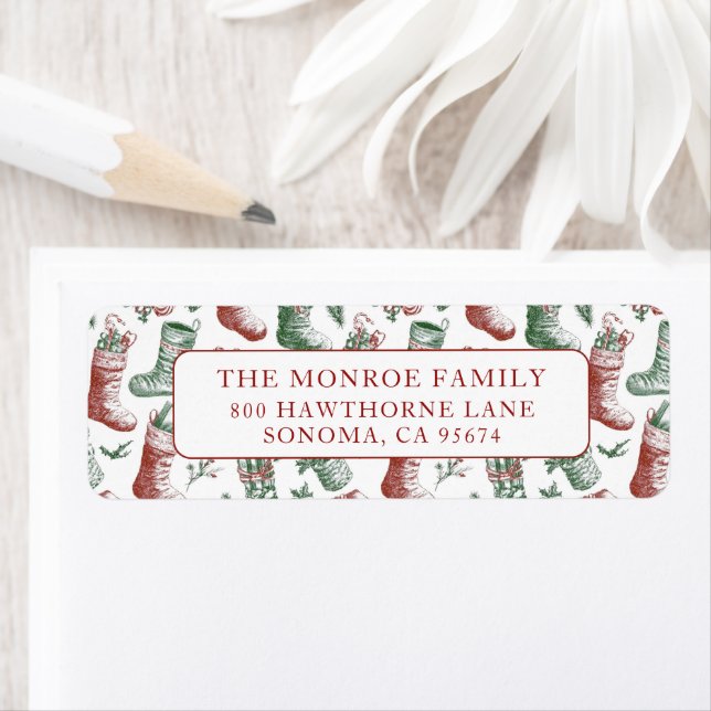 Nostalgic Vintage Red Green Christmas Stockings Label (Insitu)