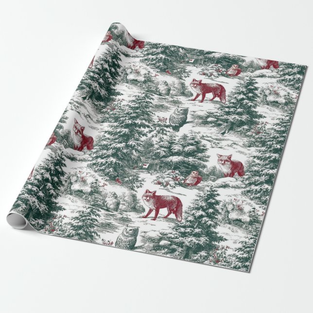 Nostalgic Vintage Red Green woodland Animals Wrapping Paper (Unrolled)