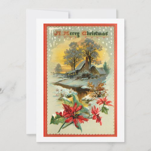 Nostalgic Vintage Winter Scene and Christmas Holly Holiday Card