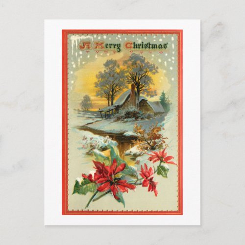 Nostalgic Vintage Winter Scene and Christmas Holly Postcard