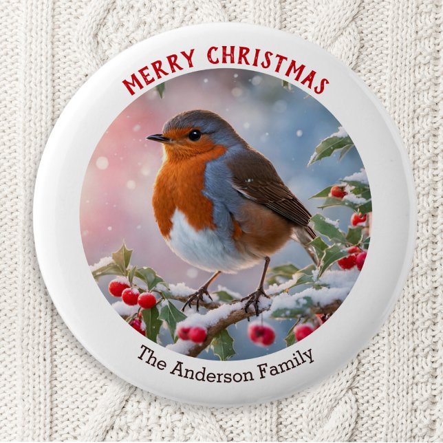 Nostalgic Winter Robin Redbreast Merry Christmas Button (A personalized Christmas button badge with a festive robin redbreast on a snowy branch)