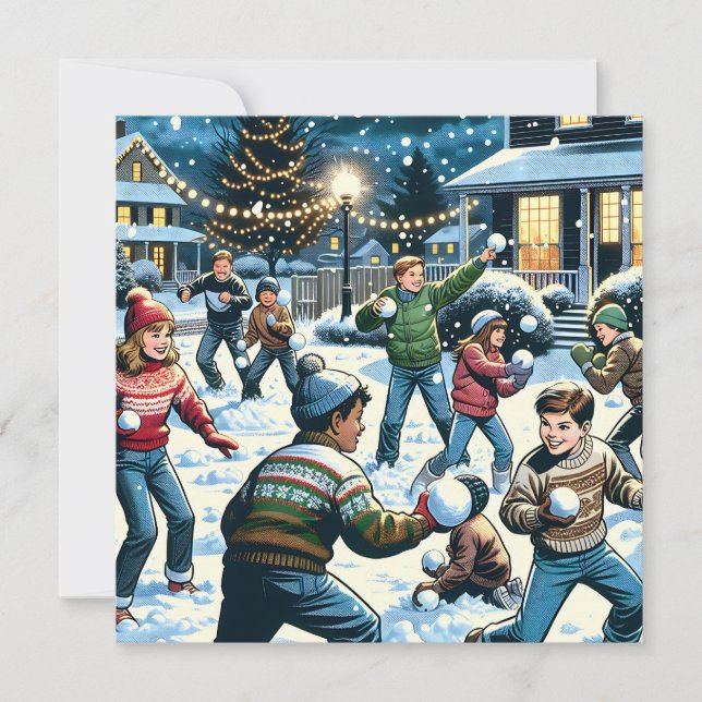Nostalgic Winter Scene | Children's Snowball Fight (Front)