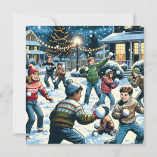 Nostalgic Winter Scene Children's Snowball Fight
